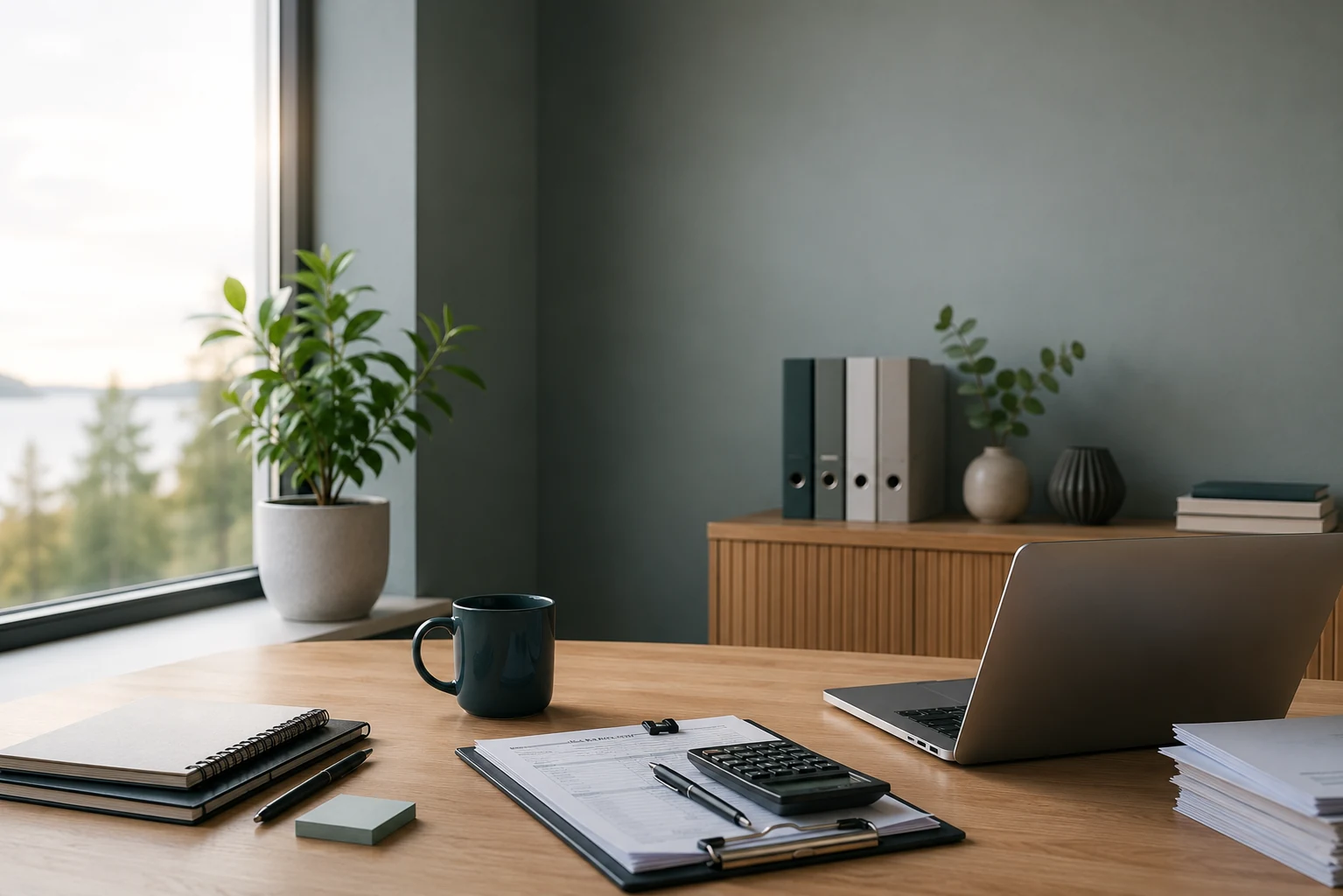 Heller Arbeitsplatz mit Laptop und Unterlagen